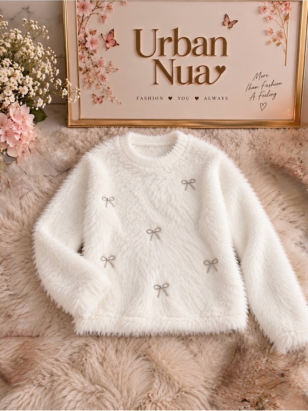Women's Cream Fuzzy Bow Accent Sweater
